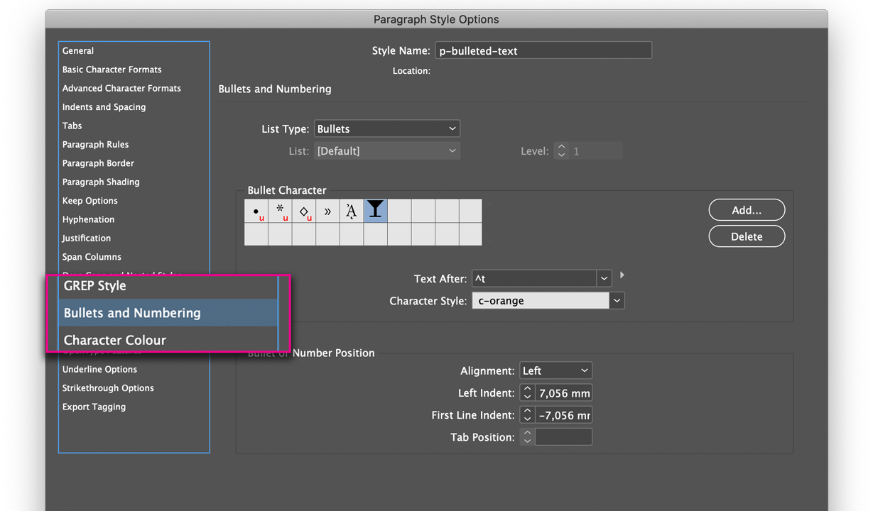 Bullet points in InDesign paragraph style