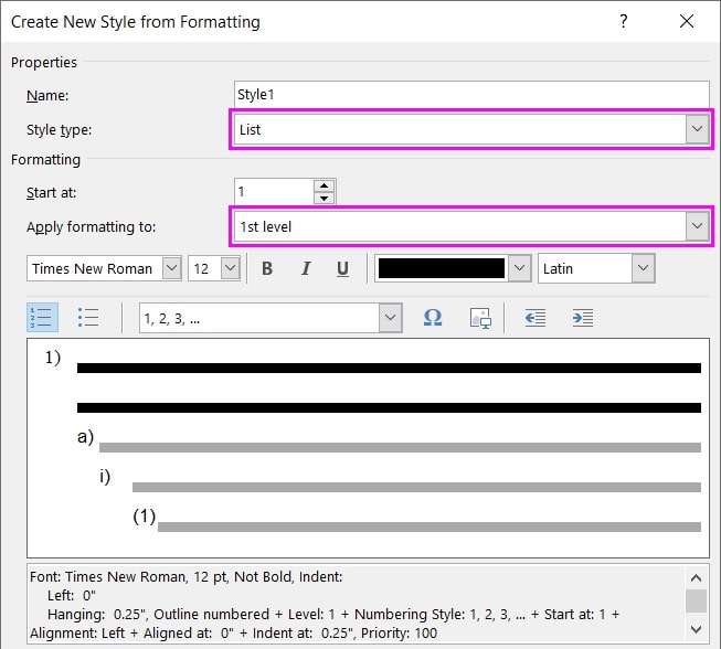 how to set list style in word