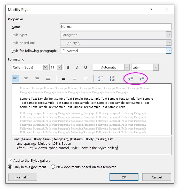 indent paragraph in styles dialog word