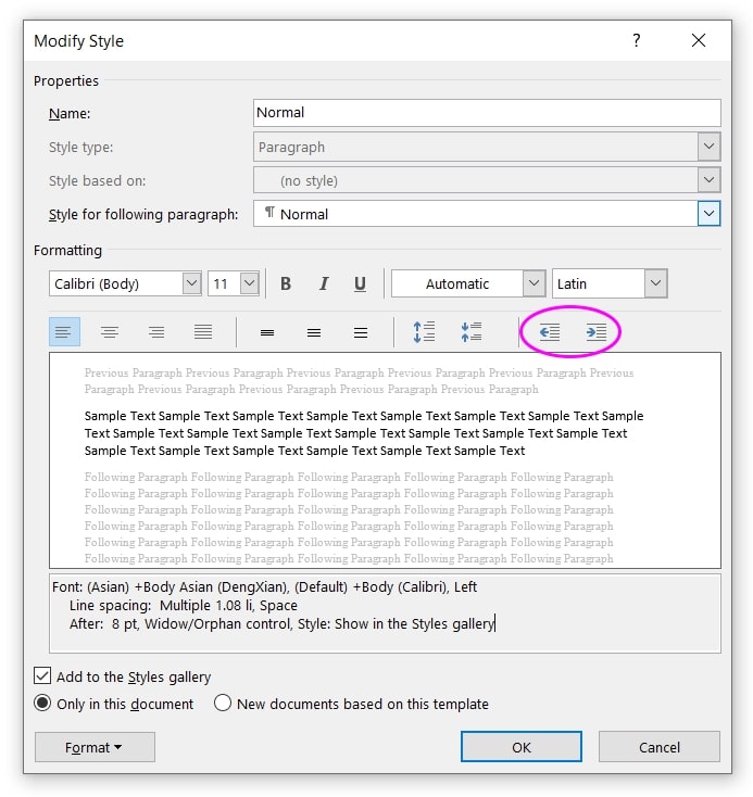 indent paragraph in styles dialog word
