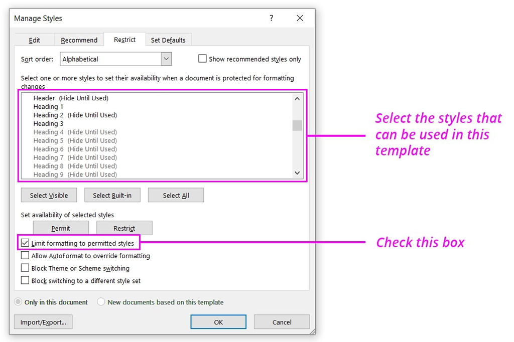 limit formatting to permitted styles word