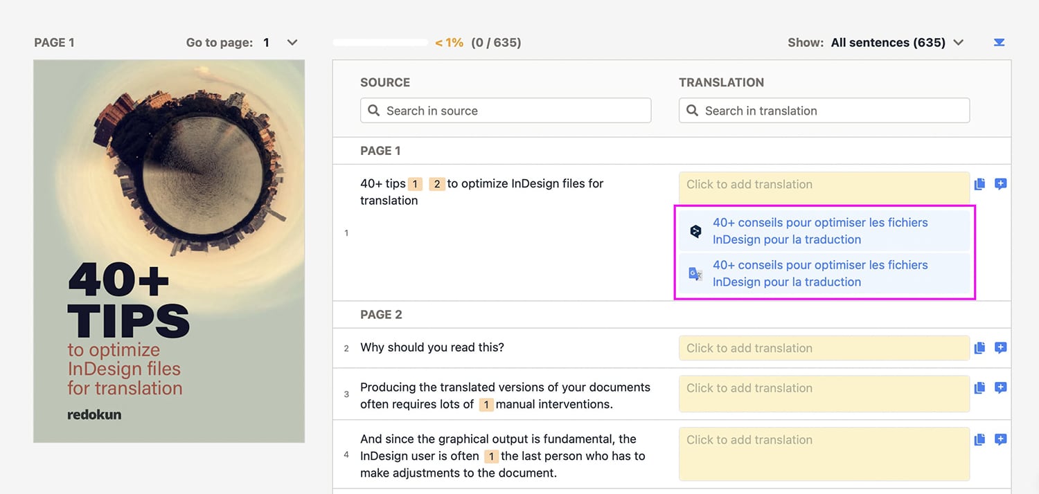 indesign translator interface integrated with google translate and deepl api