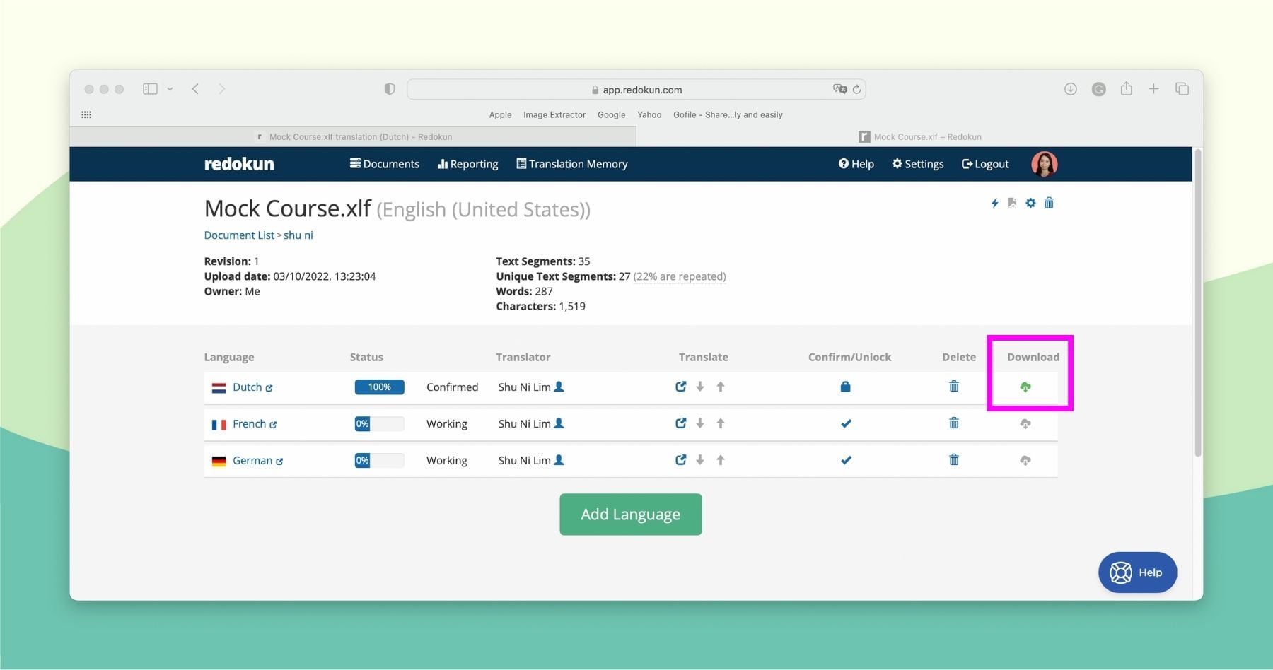 How to download your translated XLIFF document in Redokun